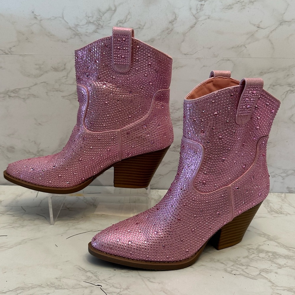 Forever Women Western Ankle Boots Rhinestone Bling Booties Pink River 01 Sz 8.5